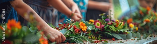 Outdoor floral wreath making workshop at a Victoria Day festival with crafts, children, adults, and creativity.