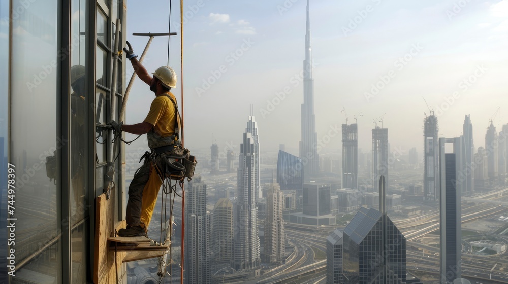 A construction worker in Dubai, UAE, working on a skyscraper, with the citya??s skyline in the background