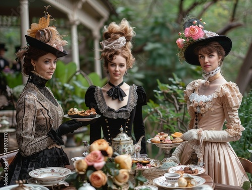 Victorian era garden party, guests in period attire, elegant tea setup, spring blooms, celebrating Victoria Day heritage.