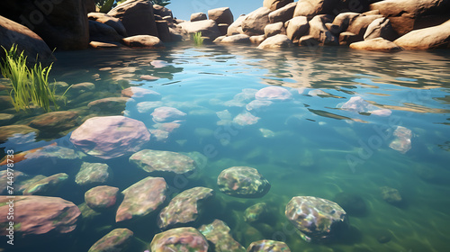 Find stones under the water's surface, creating a dynamic aquatic landscape.