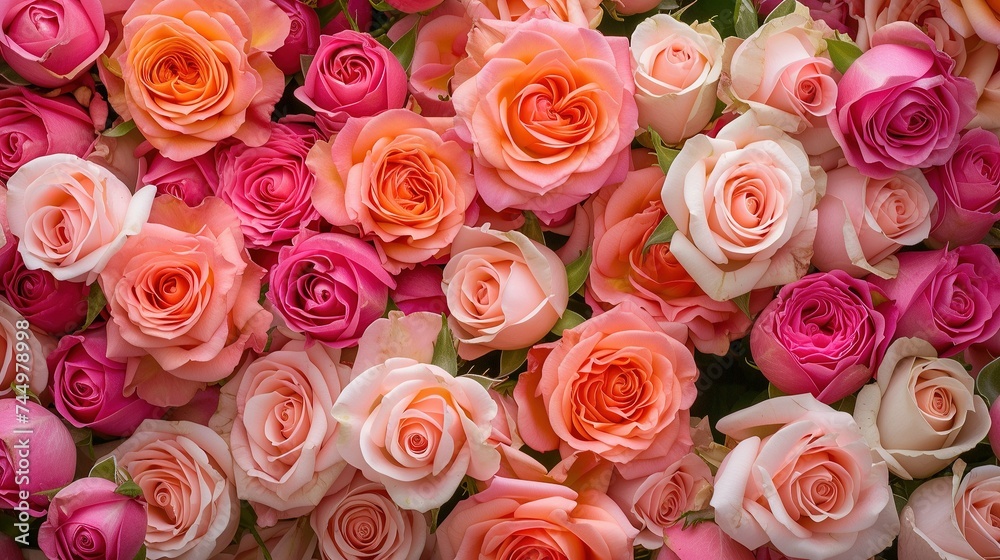Bouquet of beautiful flowers. Floral background. Wallpaper or greeting card. Colorful roses background