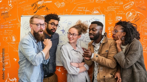 A diverse group of five colleagues, huddled around a whiteboard covered in scribbles and diagrams, passionately debate ideas. The background is a vibrant orange