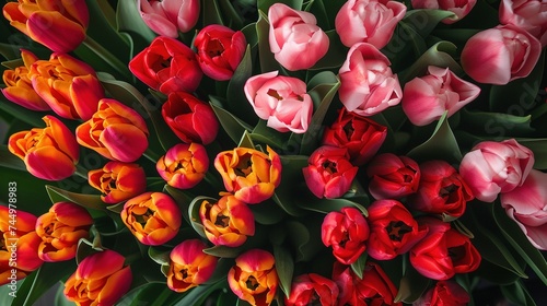 Bouquet of beautiful flowers. Floral background. Wallpaper or greeting card. Colorful tulips background