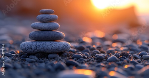 Zen Stones Bathed in the Calming Twilight Colors as Day Transitions to Night