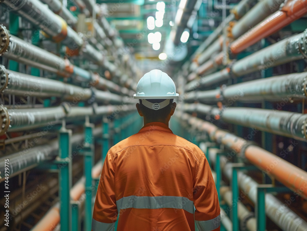 Back view of engineer wearing safety clothes and hardhat at Pipeline and pipe rack of petroleum, chemical, hydrogen industrial plant. Industrial zone area. Back view of engineer wearing safety clothes and hardhat at Pipeline and pipe rack of petroleum, chemical, hydrogen industrial plant. Industrial zone area.