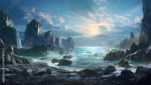 Present an enchanting scene of ocean stones with a backdrop of cliffs.