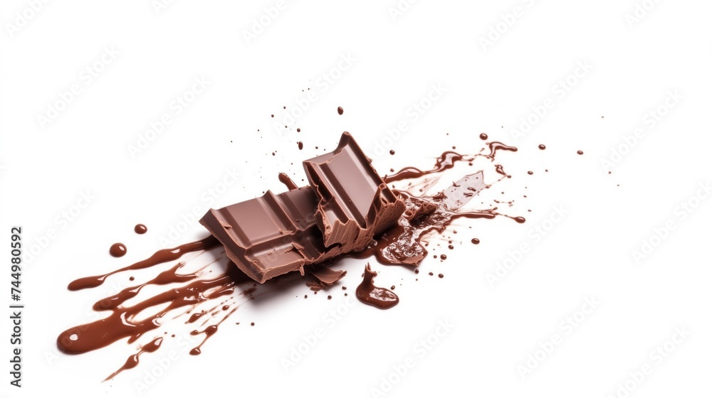Fototapeta premium Pieces of broken chocolate bar with chocolate drippings Isolated on white background.