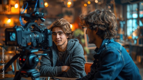 Young men are chatting live on a podcast through a camera in a studio.