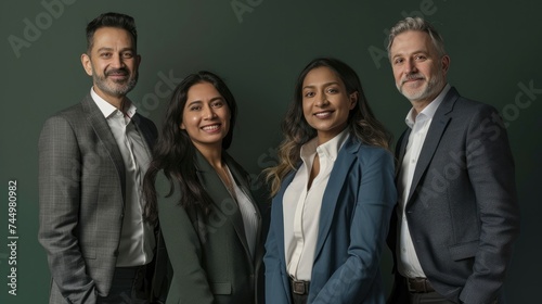 A team of four business professionals in a traditional office with a dark green background. They are all looking at the camera with proud smiles
