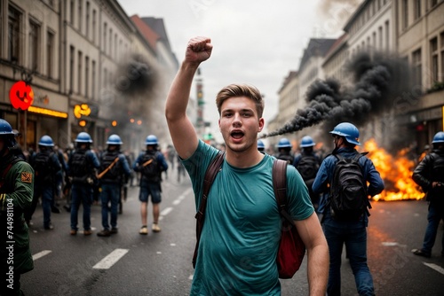 A furious protester raises his clenched fist amidst a fiery cityscape, expressing outrage over social issues