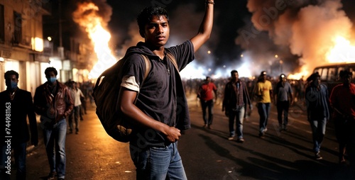 A furious protester raises his clenched fist amidst a fiery cityscape, expressing outrage over social issues © Portrait Studio