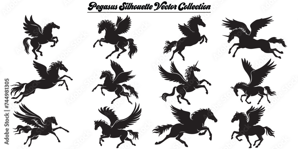 Rearing Horse, Unicorn, Pegasus Silhouettes Rearing Horse, Unicorn, Pegasus Silhouettes