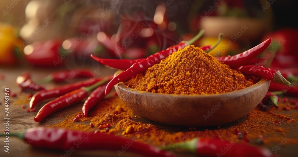 A Table Vibrantly Adorned with Red Peppers and Powder for a Fiery Display