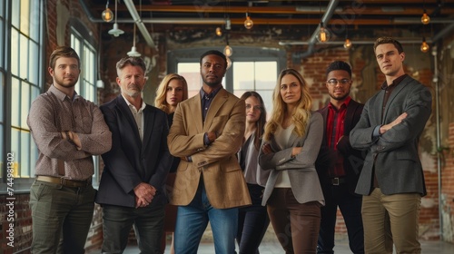 A team of seven business people in a rustic brick-walled office. They are all looking at the camera with a sense of accomplishment