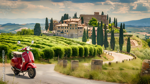 Exploring the Heart of Italy: Traverse Serene Villages on a Vintage Vespa, Soaking in the Vibrant Summer Background, 