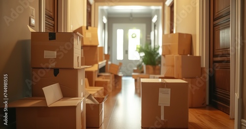 New Beginnings - Precisely Packed Boxes Lined Up in a Home's Hallway