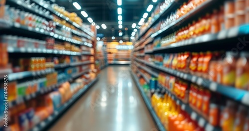 A Softly Blurred Interior View of a Supermarket's Well-Stocked Shelves