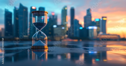 An Hourglass Against a Panoramic City Skyline Symbolizing Urban Time Management