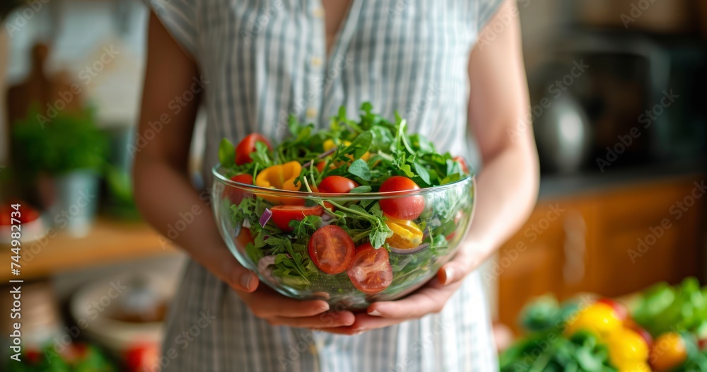 A Joyful Pregnant Woman Holding a Bowl Filled with Nutritious Salad