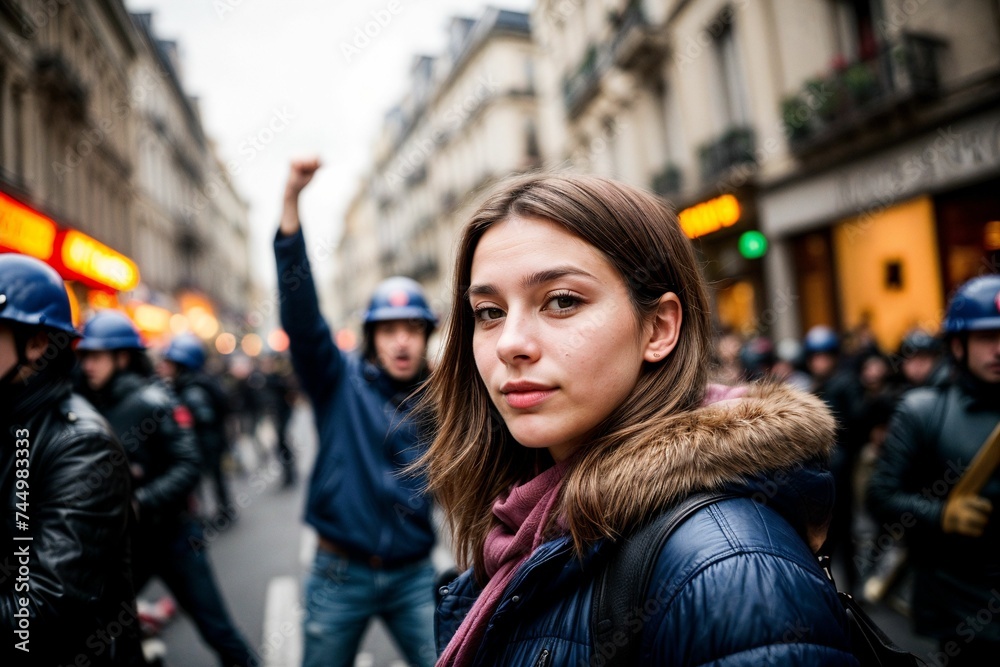 A young female protester raises her clenched fist amidst a fiery cityscape, expressing outrage over social issues A young female protester raises her clenched fist amidst a fiery cityscape, expressing outrage over social issues