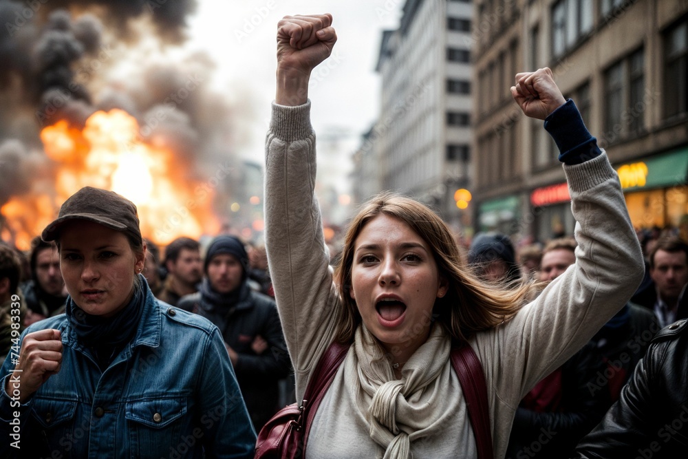 Obraz premium A young female protester raises her clenched fist amidst a fiery cityscape, expressing outrage over social issues