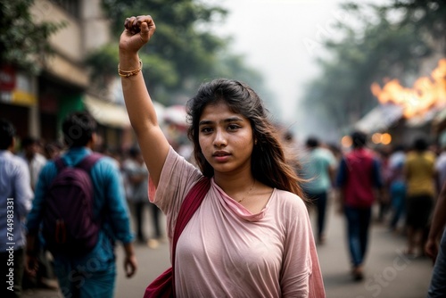 A young female protester raises her clenched fist amidst a fiery cityscape, expressing outrage over social issues