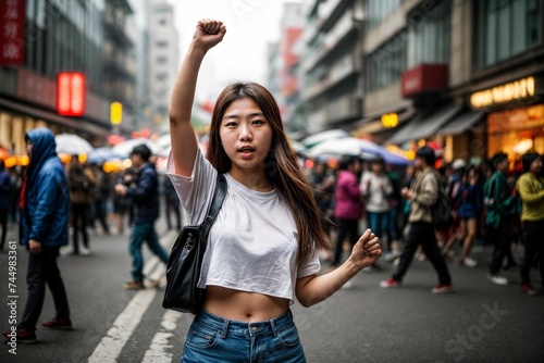A young female protester raises her clenched fist amidst a fiery cityscape, expressing outrage over social issues © Portrait Studio