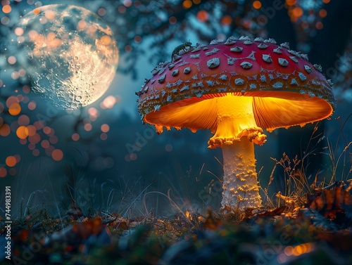 A whimsical, oversized mushroom glowing under a full moon, with mythical creatures peering from its shadows photo