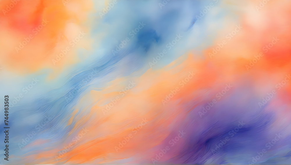 Watercolor blurred colored abstract background. Smooth transitions of iridescent colors. Gradient blue and orange backdrop. Background illustration.