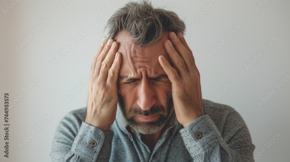 Man clutches his head in despair,hands gripping head showing shocked, screaming, depressed expressions. Man clutches his head in despair,hands gripping head showing shocked, screaming, depressed expressions.