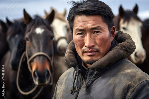 Mongolian man of 30-40 years old stands against the herd of grazing horses. photo