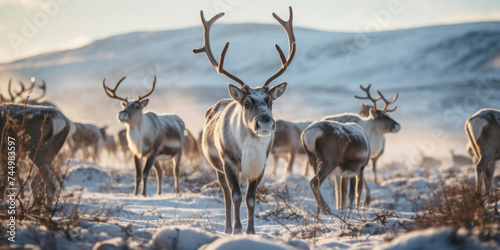 herd of reindeer on a pasture in the tundra