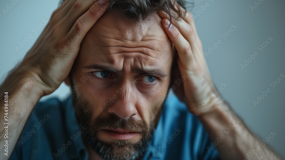 Man clutches his head in despair,hands gripping head showing shocked, screaming, depressed expressions. Man clutches his head in despair,hands gripping head showing shocked, screaming, depressed expressions.