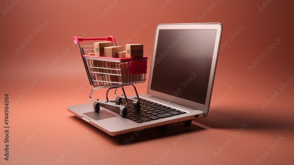 E commerce concept  cart filled with boxes on laptop computer screen for online shopping