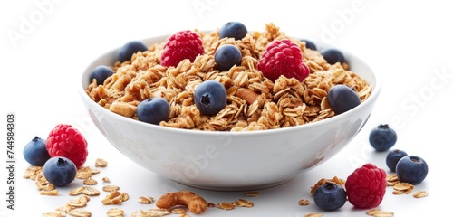 A Bowl of Delicious Oatmeal Enhanced with Fresh Berries, Against a White Setting