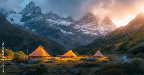 A Serene Tourist Camp in the Mountainous Terrain, Highlighted by a Cozy Tent in the Foreground