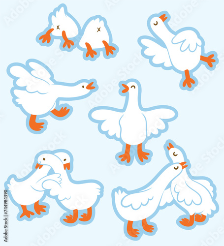 Sticker set of cute geese are hugging and walking