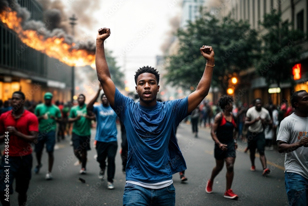 African American protesters ignite urban unrest, demanding social justice amidst blazing chaos - obrazy, fototapety, plakaty 