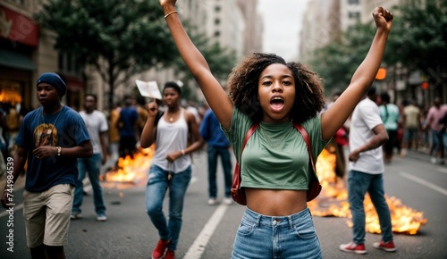 African American protesters ignite urban unrest, demanding social justice amidst blazing chaos photo