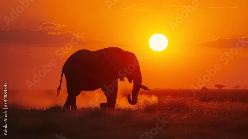  A majestic elephant silhouetted against a fiery orange sunset, dust swirling around its feet. Dry grasses blur in the foreground, emphasizing the vastness of the savanna ,