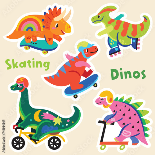 Sticker set with colourful cartoon dinosaurs ride on skates  rollers and bicycle
