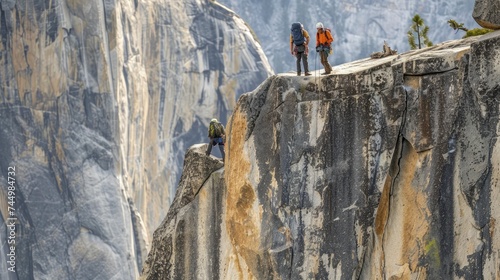 Seasoned guide, nervous beginner, and competitive athlete challenge themselves on a towering cliff, each grip a brushstroke on their growth journey