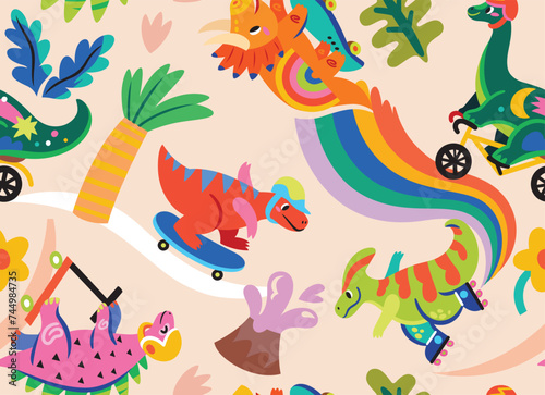 Seamless pattern. Colourful cartoon dinosaurs ride on skates, rollers and bicycle in the park