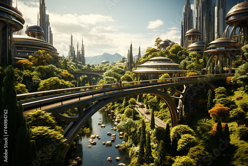 Futuristic city landscape with renewable energy sources lush greenery and high-tech structures