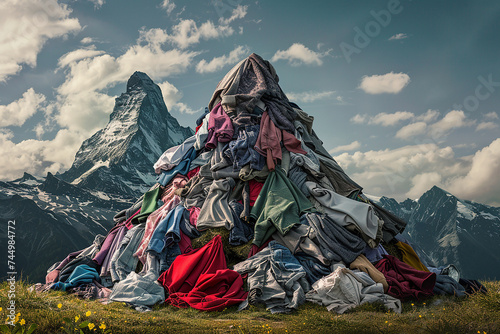 Mountain of Used Clothing stuck against the landscape, fast fashion and over production concept