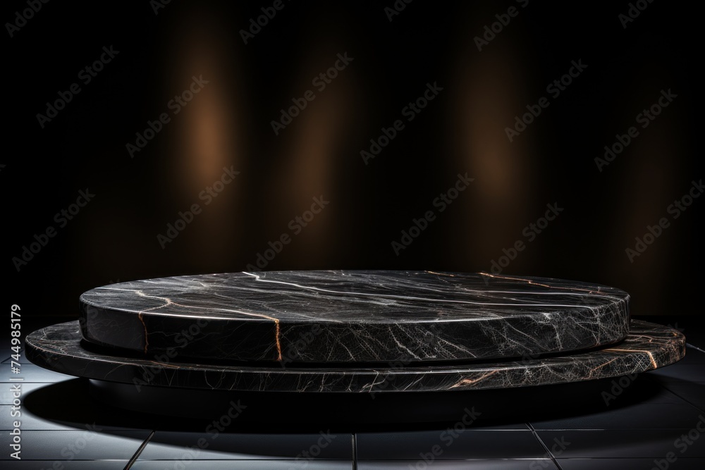 Obraz premium Product display, empty Black Marble podium display stand for product display against a backdrop of black rock boulder.