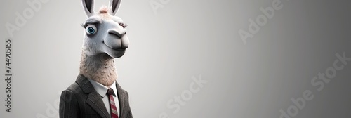 Llama wearing a suit for AI business in modern 3D animation style with copy space on solid background