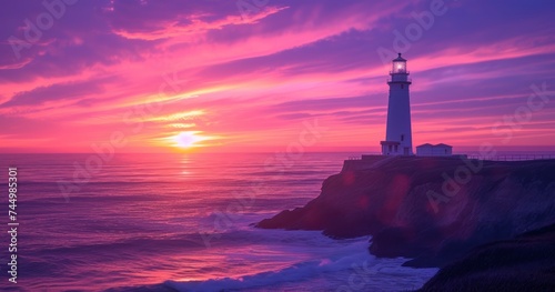 A Coastal Lighthouse Stands Majestically on Rugged Cliffs Against the Sunset Silhouette © lander