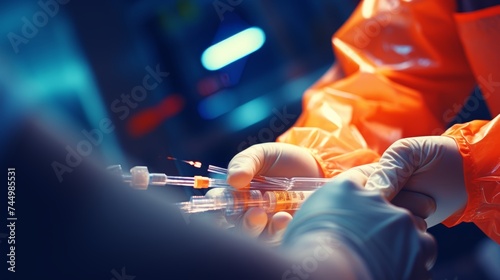 Close up of doctor s hands with syringe and needle for medical procedure in detailed shot