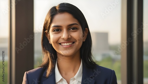 25 year old Indian woman with black hair wearing a navy blue suit and tie smiling with blur background of a building with glass windows